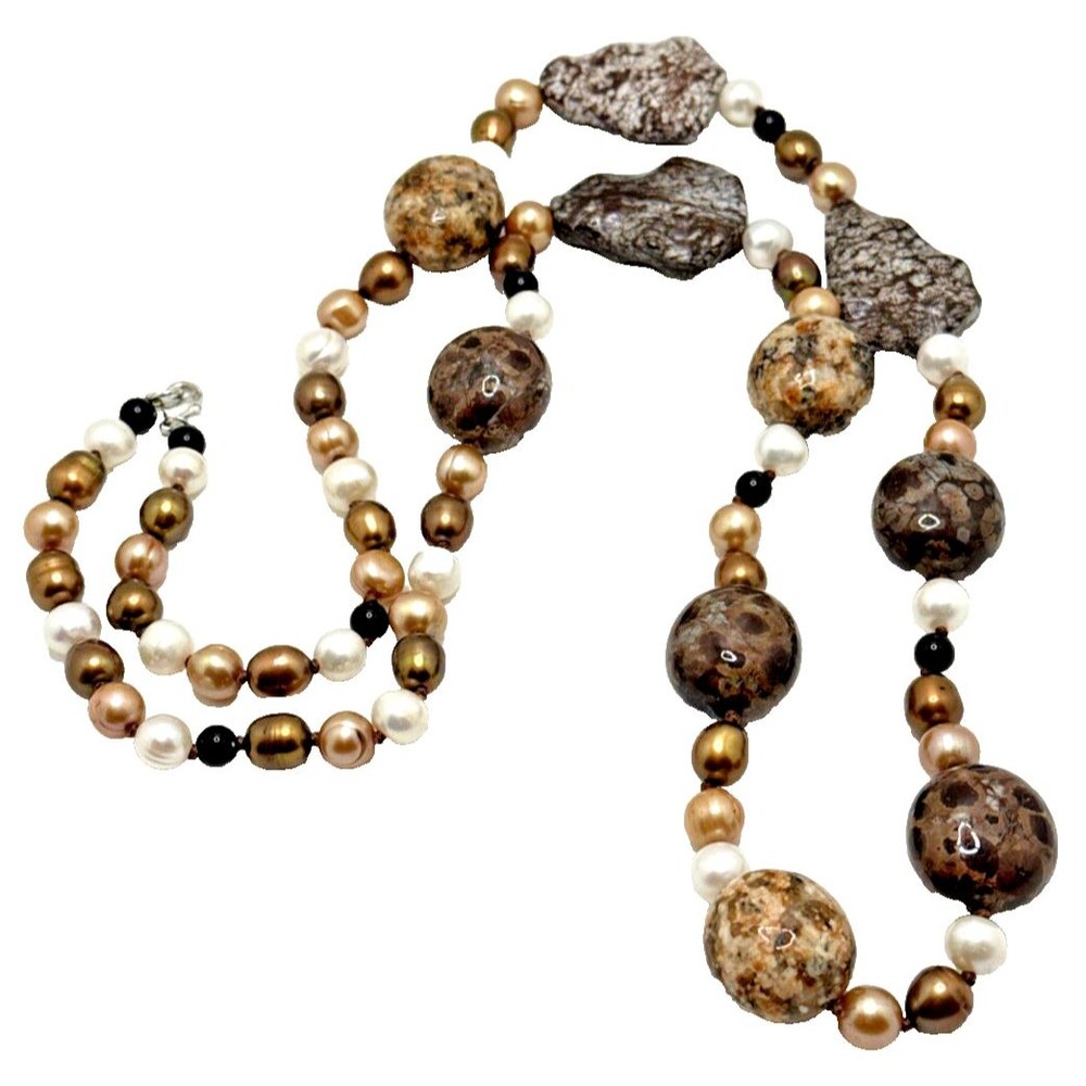 CGI CN Genuine Pearl & Jasper Bead Necklace Hand Knotted Boho Statement 36"